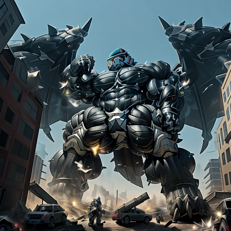 (masterpiece. official art. 8k. best quality. detailed full body. full body.)
A man in stylish armor fights against the magnificent biomechanical LUCARIO.
(situation 1 : dominating LUCARIO. focus GIANT mechanical Muscular LUCARIO is trampling the CITY. macro. stomp. Low-angle perspective. emphasizing the immense size. The perspective is from below, emphasizing the sheer majesty and power of the Giant. giant art. He is much bigger than a skyscraper. Giga Giants. micro soccer field. looking down.)
(situation 2 :smoke and flames rising from the destruction in the city)
(Additional details 1: wearing a full-face helmet. helmet is jet black. The color of NANOSUIT is jet black. high-tech bio-mecha armor. real texture material. whole body shines like metal. Wearing cyberpunk mecha. emphasizes the muscles. suit fully made of metal. intricate armor. Robotic suit. suit fully made of metal. NANOSUIT with the same design as LUCARIO.).
(Additional details 2: (Detailed head. Detailed Body. Detailed abs. gigantic muscles. HYPER MUSCLES. Gigachad Muscular. big muscle. pecs. triceps. traps. unusually developed muscular body. body full of huge muscles. showing off muscles. pectorales enormes. Exaggeratedly huge muscles. huge muscles. long legs.).
(Additional details 3: nj5furry, Spread wings. It has wings. black have big wings. The claws are sharp. Sharp teeth.5 toes.).