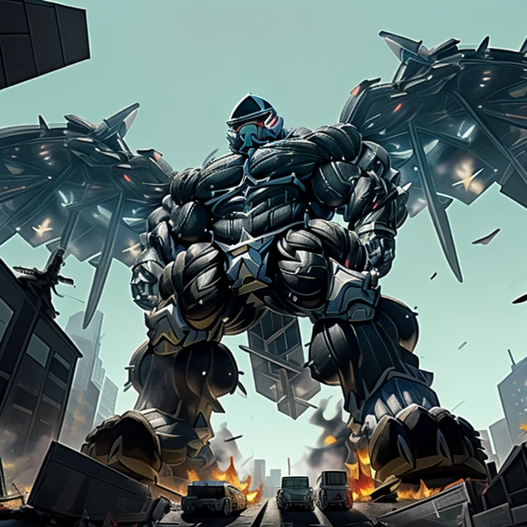 (masterpiece. official art. 8k. best quality. detailed full body. full body.)
A man in stylish armor fights against the magnificent biomechanical LUCARIO.
(situation 1 : dominating LUCARIO. focus GIANT mechanical Muscular LUCARIO is trampling the CITY. macro. stomp. Low-angle perspective. emphasizing the immense size. The perspective is from below, emphasizing the sheer majesty and power of the Giant. giant art. He is much bigger than a skyscraper. Giga Giants. micro soccer field. looking down.)
(situation 2 :smoke and flames rising from the destruction in the city)
(Additional details 1: wearing a full-face helmet. helmet is jet black. The color of NANOSUIT is jet black. high-tech bio-mecha armor. real texture material. whole body shines like metal. Wearing cyberpunk mecha. emphasizes the muscles. suit fully made of metal. intricate armor. Robotic suit. suit fully made of metal. NANOSUIT with the same design as LUCARIO.).
(Additional details 2: (Detailed head. Detailed Body. Detailed abs. gigantic muscles. HYPER MUSCLES. Gigachad Muscular. big muscle. pecs. triceps. traps. unusually developed muscular body. body full of huge muscles. showing off muscles. pectorales enormes. Exaggeratedly huge muscles. huge muscles. long legs.).
(Additional details 3: nj5furry, Spread wings. It has wings. black have big wings. The claws are sharp. Sharp teeth.5 toes.).