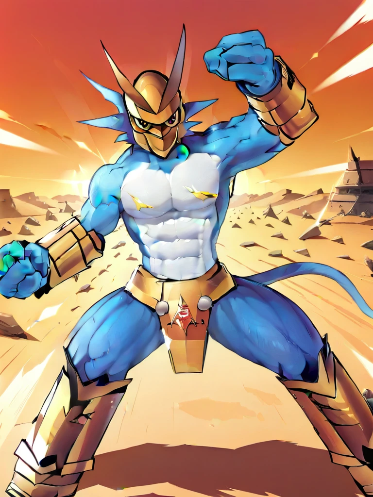solo,angry Magnamon,tall,(musclar:1.5), blue and white skin,(battle damaged:1.5),(topless Magnamon:2),(armor fragments:1.5),(shirtless:1.5), fighting_stance, in desert ,full_shot