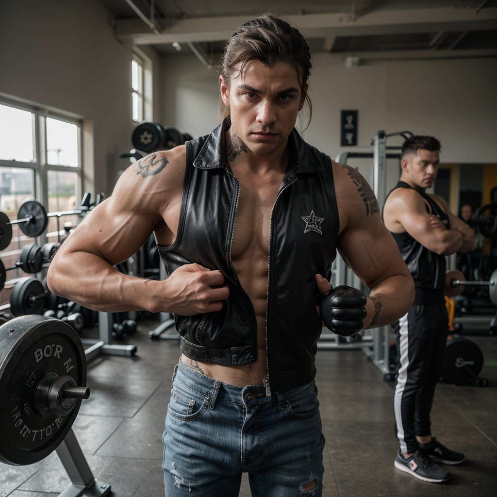 a muscular male rock band in a gym, 4 strong men with tattoos, wearing rock star outfits, realistic, photography, photo, highly detailed, cinematic lighting, dramatic composition, gritty, edgy, moody, intense, powerful, muscular bodies, intricate tattoos, leather jackets, ripped jeans, sweat, determination, focus, rock music, studio, fitness equipment, weights, barbell, kettlebell, dynamic poses, chiseled features, brooding expressions, veins, muscles, shredded