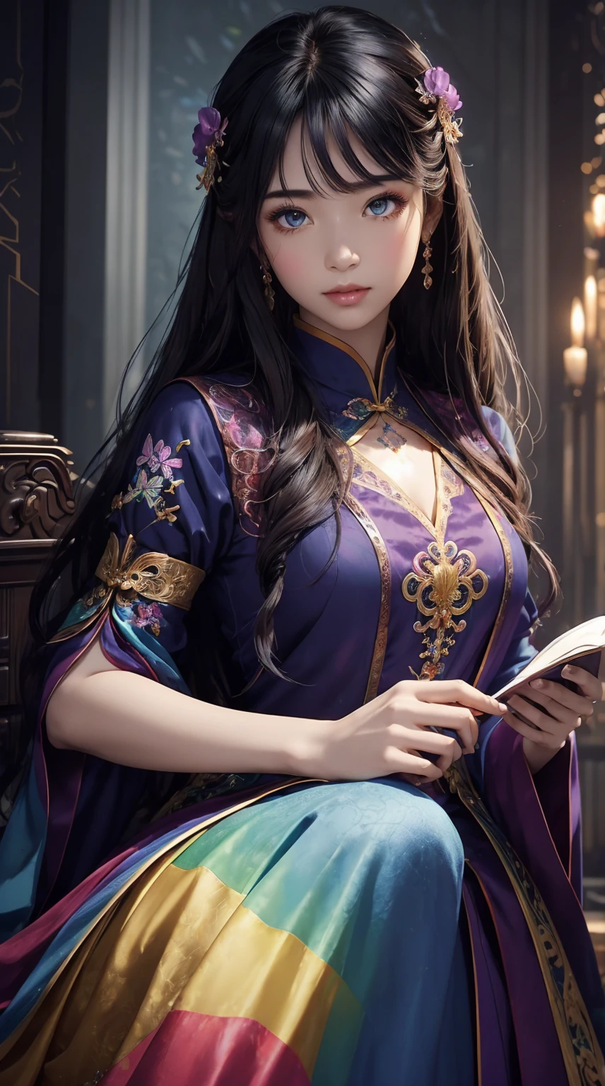 (((masterpiece))), (((best quality))), ((Extremely detailed)),(Highly detailed CG illustrations), ((Extremely delicate and beautiful)),light, Create a stunning work of fantasy art，模仿当前流行的该type大师的风格. 艺术作品应Include神话幻想和童话幻想的元素，With colorful rainbow accents and dark jewel tones. ((Use the rainbow as the main color scheme.)) The characters in the work are delicate and strong，Full of mystery and magic. Pay close attention to complex facial features, Such as bright colors、Boldly shaded eyes. The character&#39;s clothing should be designed with light feathers, silk, Stunning embroidery, and subtle iridescent details. Include (((Translucent rainbow))), Dreamy colors, Dynamic Lighting, And detailed background elements，Create a sense of awe and immersion. ((Includes colorful flowers，A magical jewel-colored rainbow butterfly.)) Learn about the latest trends in fantasy art, 例如加入独特的light效果, Explore dynamic and eye-catching composition techniques, and try out unique color schemes. Get inspired by top artists on ArtStation and Midjourney. camera: Choose an angle that highlights the beauty of the figure and enhances the magical majesty of the artwork. light: Create depth and atmosphere with atmospheric lighting techniques. solve: Designed to produce high-resolution artwork，to showcase intricate detail and clarity. Artistic Inspiration: Find inspiration from popular artists on ArtStation, Explore different styles, type, and Theme.