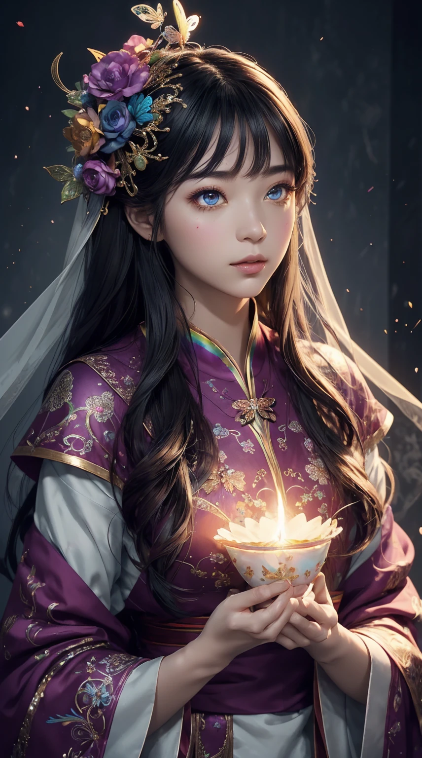(((masterpiece))), (((best quality))), ((Extremely detailed)),(Highly detailed CG illustrations), ((Extremely delicate and beautiful)),light, Create a stunning work of fantasy art,模仿当前流行的该type大师的风格. 艺术作品应Include神话幻想和童话幻想的元素,With colorful rainbow accents and dark jewel tones. ((Use the rainbow as the main color scheme.)) The characters in the work are delicate and strong,Full of mystery and magic. Pay close attention to complex facial features, Such as bright colors、Boldly shaded eyes. The character's clothing should be designed with light feathers, silk, Stunning embroidery, and subtle iridescent details. Include (((Translucent rainbow))), Dreamy colors, Dynamic Lighting, And detailed background elements,Create a sense of awe and immersion. ((Includes colorful flowers,A magical jewel-colored rainbow butterfly.)) Learn about the latest trends in fantasy art, 例如加入独特的light效果, Explore dynamic and eye-catching composition techniques, and try out unique color schemes. Get inspired by top artists on ArtStation and Midjourney. camera: Choose an angle that highlights the beauty of the figure and enhances the magical majesty of the artwork. light: Create depth and atmosphere with atmospheric lighting techniques. solve: Designed to produce high-resolution artwork,to showcase intricate detail and clarity. Artistic Inspiration: Find inspiration from popular artists on ArtStation, Explore different styles, type, and Theme.