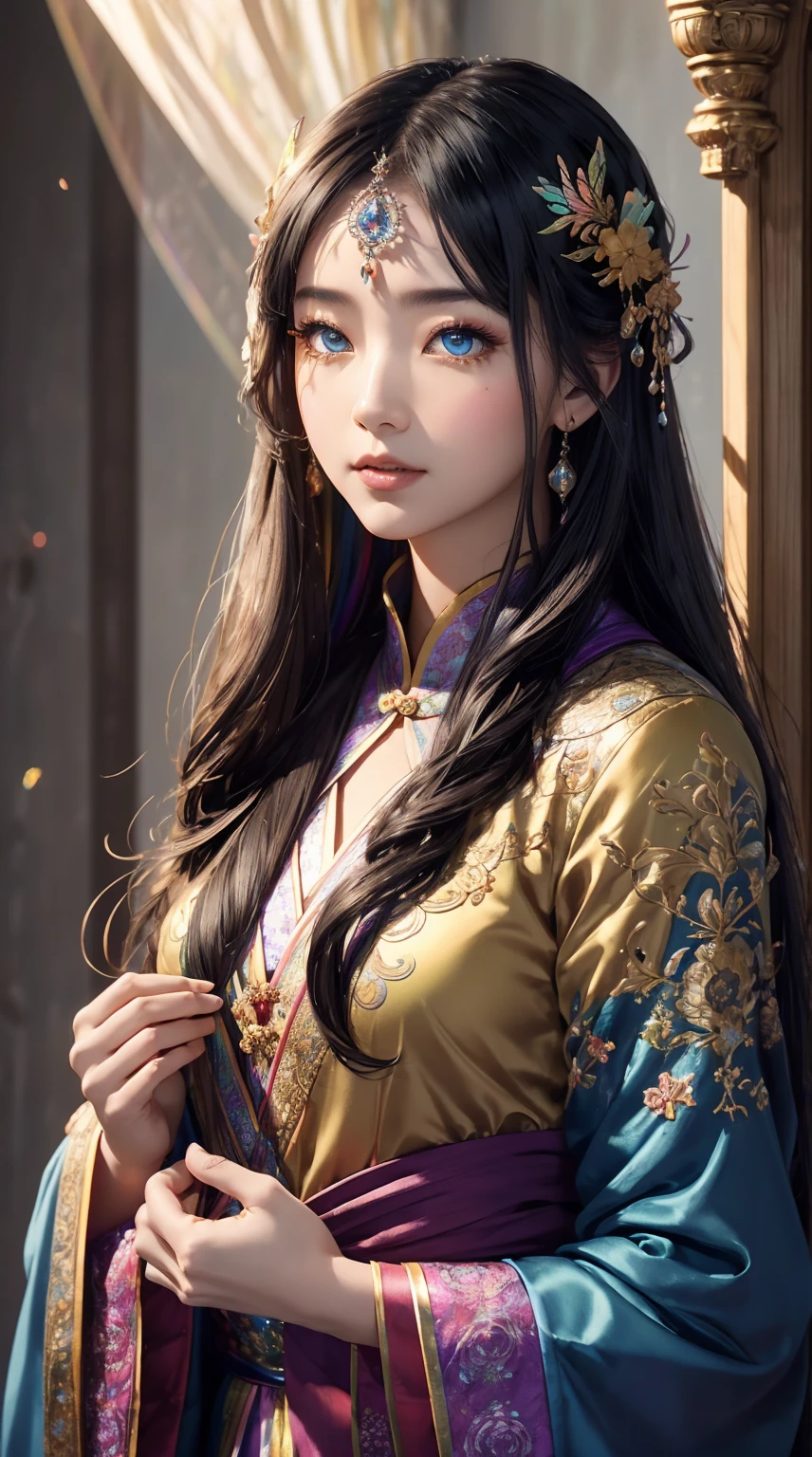 (((masterpiece))), (((best quality))), ((Extremely detailed)),(Highly detailed CG illustrations), ((Extremely delicate and beautiful)),light, Create a stunning work of fantasy art，模仿当前流行的该type大师的风格. 艺术作品应Include神话幻想和童话幻想的元素，With colorful rainbow accents and dark jewel tones. ((Use the rainbow as the main color scheme.)) The characters in the work are delicate and strong，Full of mystery and magic. Pay close attention to complex facial features, Such as bright colors、Boldly shaded eyes. The character&#39;s clothing should be designed with light feathers, silk, Stunning embroidery, and subtle iridescent details. Include (((Translucent rainbow))), Dreamy colors, Dynamic Lighting, And detailed background elements，Create a sense of awe and immersion. ((Includes colorful flowers，A magical jewel-colored rainbow butterfly.)) Learn about the latest trends in fantasy art, 例如加入独特的light效果, Explore dynamic and eye-catching composition techniques, and try out unique color schemes. Get inspired by top artists on ArtStation and Midjourney. camera: Choose an angle that highlights the beauty of the figure and enhances the magical majesty of the artwork. light: Create depth and atmosphere with atmospheric lighting techniques. solve: Designed to produce high-resolution artwork，to showcase intricate detail and clarity. Artistic Inspiration: Find inspiration from popular artists on ArtStation, Explore different styles, type, and Theme.