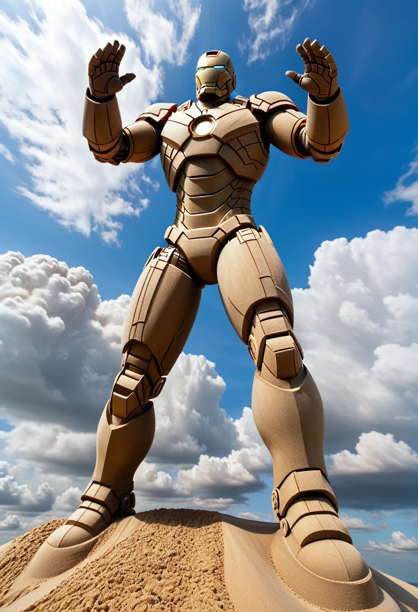 Sand sculpture style,  Iron Man soars in the sky，Red-gold armor，Blue sky and white clouds，Full of technology。