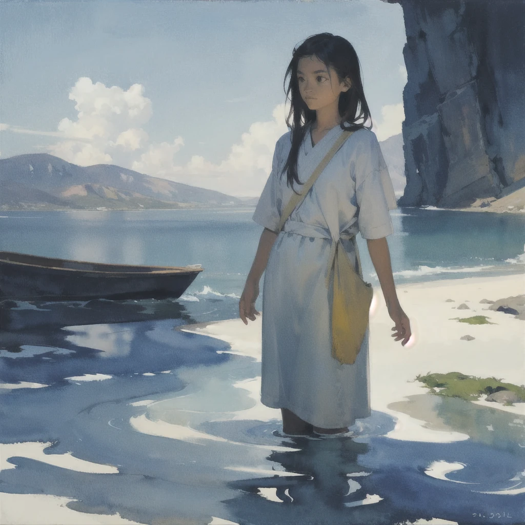 alone in the universe, in watercolor style, Photorealism, discreet golden and ruby and mint shades, (nude) gentle modest thin girl 16 years old (with a very beautiful exquisite face) southern type with short dark hair with beautiful breasts with tender nipples (barefoot) in a long orange skirt walking in the distance (Across the desert), stunted little plants, drought, precious jewelry on the neck and chest and on the wrists, precious bracelets, ankle bracelets, (empty jug in the sand)