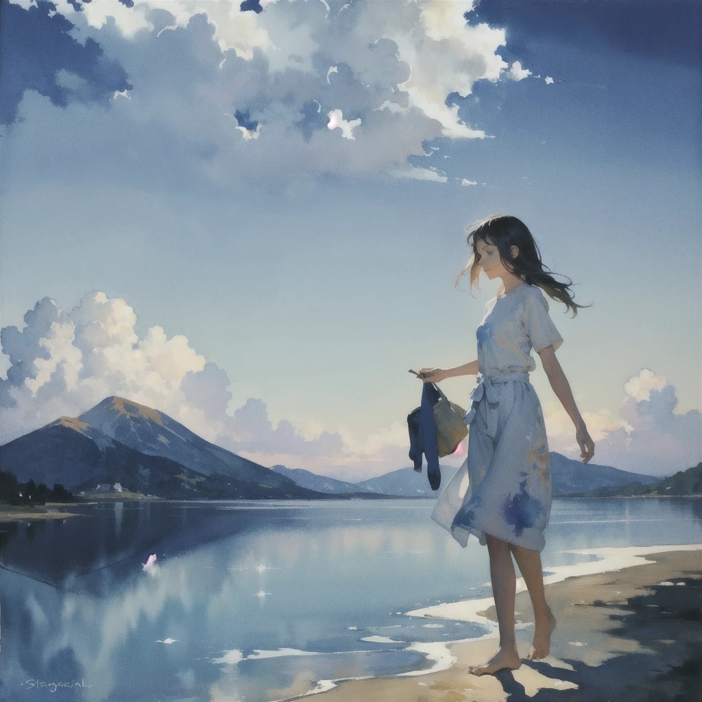 Tranquil voyager girl, Surrealism, Paint in watercolor style, Photorealism