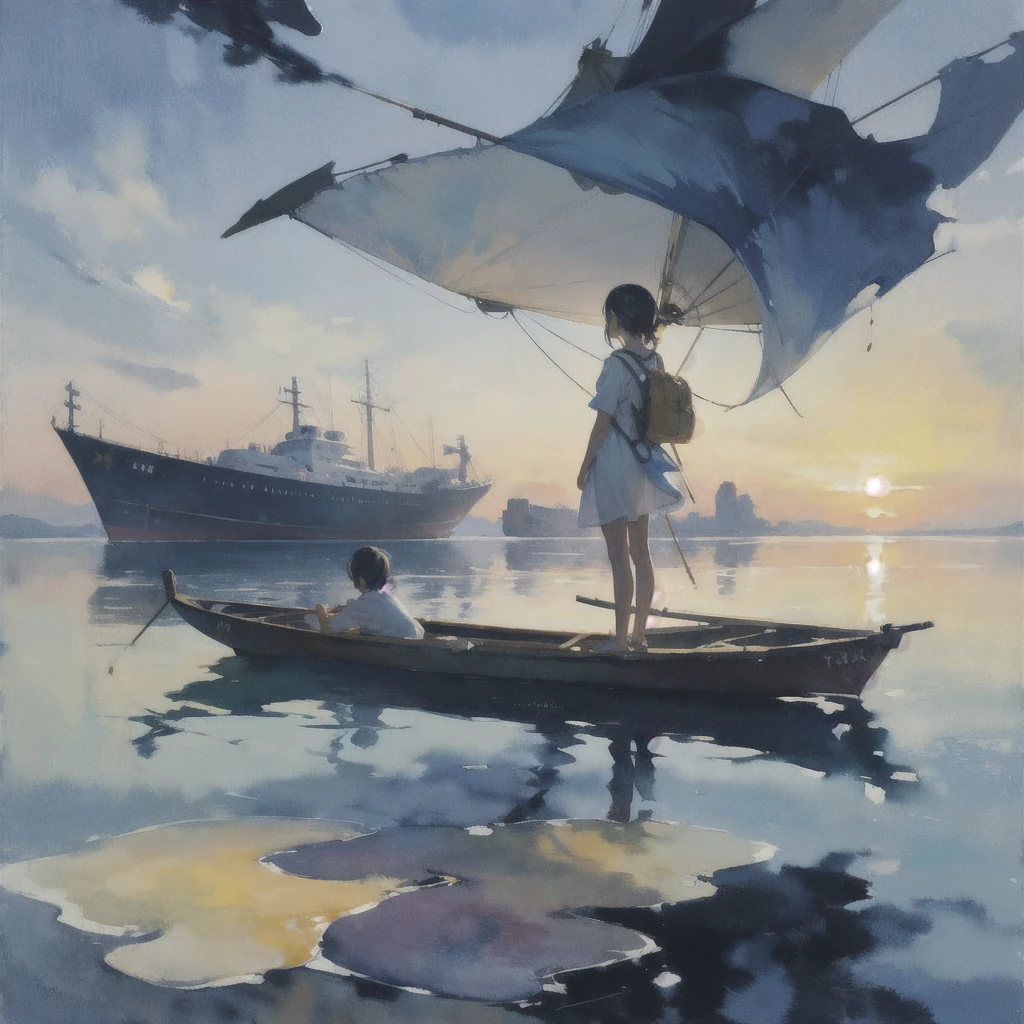 Tranquil voyager girl, Surrealism, Paint in watercolor style, Photorealism