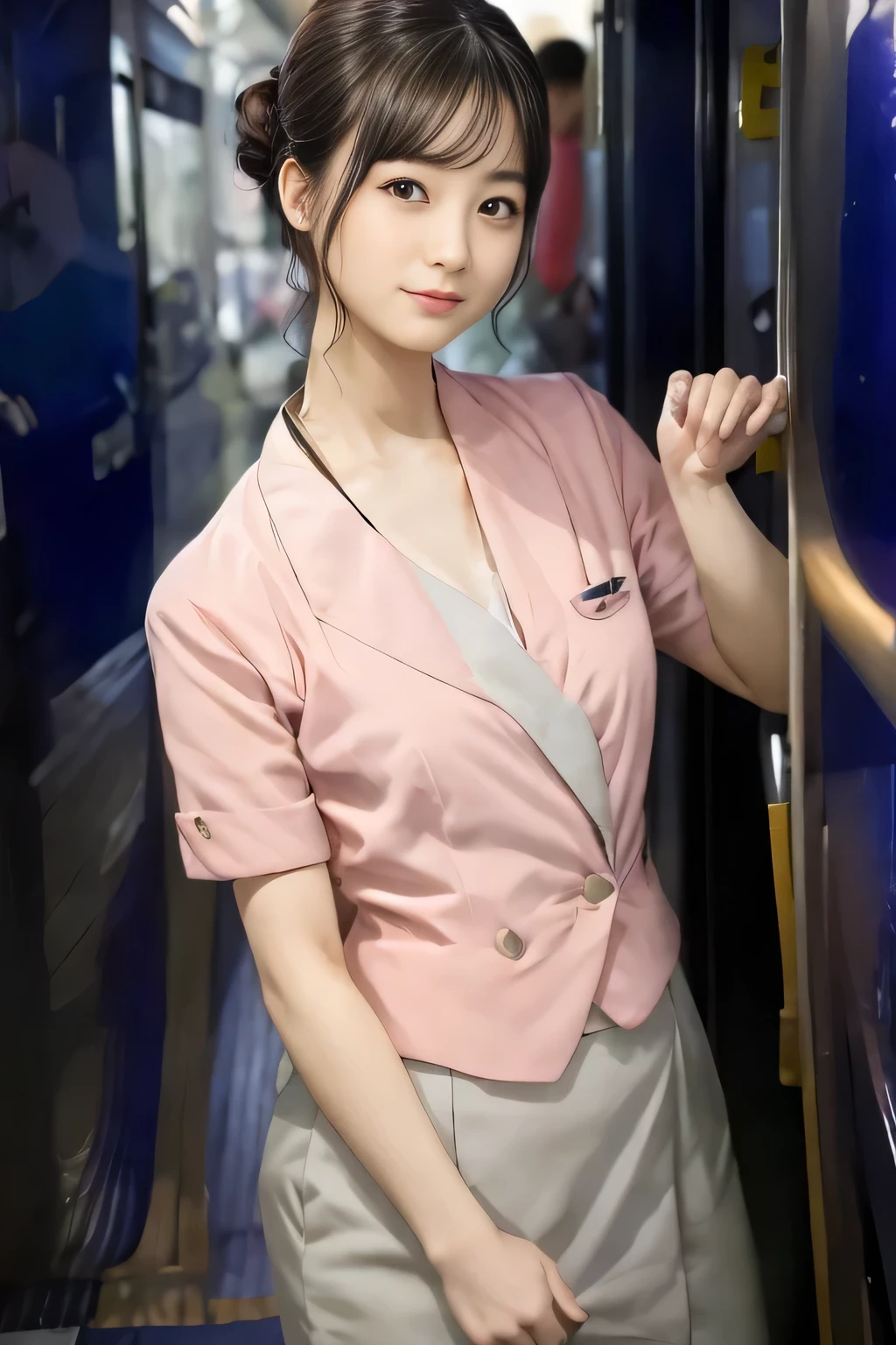 (masterpiece:1.2, Highest quality:1.2), 32K HDR, High resolution, (alone、1 girl)、（On the rooftop of a building in the daytime、Professional Lighting）、Building rooftop background、（Nankai train crew uniform pinkを着たリアルスタイル）、（Nankai train crew uniform pink short sleeve collarless pink jacket、Nankai Train Crew Uniform Pink Collarless Short Sleeve Blouse、Nankai Train Crew Uniform Pink Grey Knee-length Culottes）、（（The bottom of the pink short-sleeved jacket cannot be tucked into the clay-colored culottes.））、Dark brown hair、（Hair tied up、Hair Bun、Hair Bun）、Dark brown hair、Long Shot、Big Breasts、Thin legs、（（Great hands：2.0）），（（Harmonious body proportions：1.5）），（（Normal limbs：2.0）），（（Normal finger：2.0）），（（Delicate eyes：2.0）），（（Normal eyes：2.0））)、（Nankai Train Crew Uniform Pink Grey Knee-length Culottesを見せた美しい立ち姿）、smile