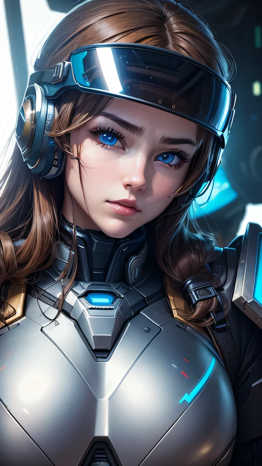 masterpiece, 最high quality, , (alone), 1 girl, look up, dim light, , horizon_(apex legend), goggles, blue eyes, brown hair, gauntlet, shoulder armor, (Mecha Helmet), (science_fiction), outdoors, street, neon light, cyber punk, masterpiece, 最high quality, high quality, High resolution, (((close up of face)))
