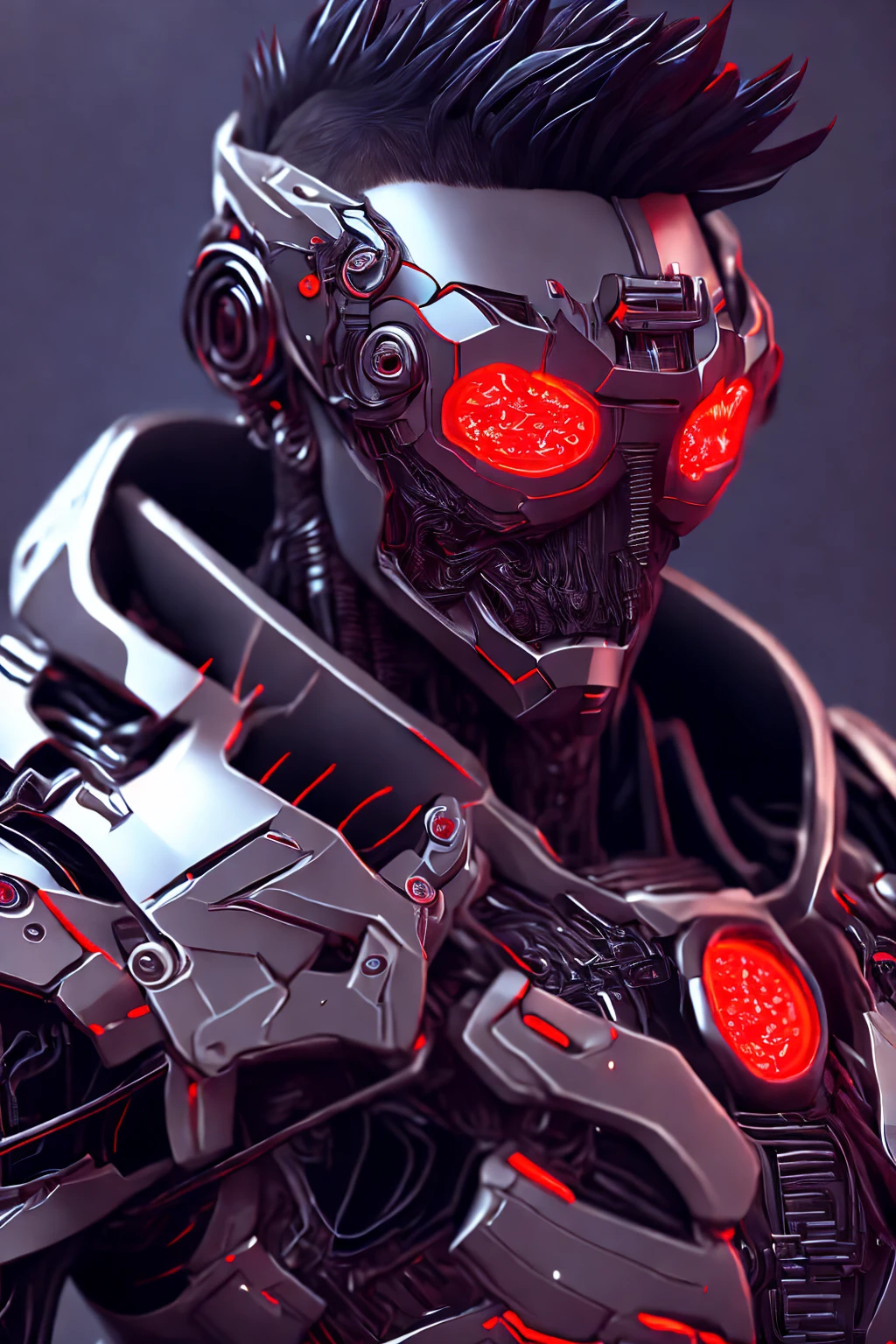 a cyborg with an eyepatch, futuristic cyberpunk robot, intricate mechanical details, glowing red eye, chrome metal body, advanced technology, intricate gears and wires, ominous expression, dramatic lighting, cinematic composition, highly detailed, photorealistic, 8k, (best quality,4k,8k,highres,masterpiece:1.2),ultra-detailed,(realistic,photorealistic,photo-realistic:1.37)