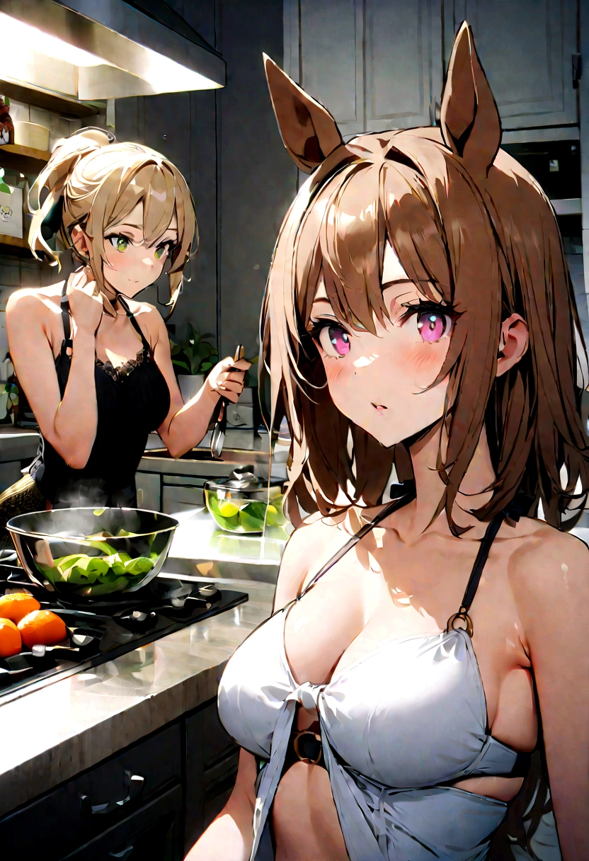 , 2 girls,Bikini horse head in the kitchen