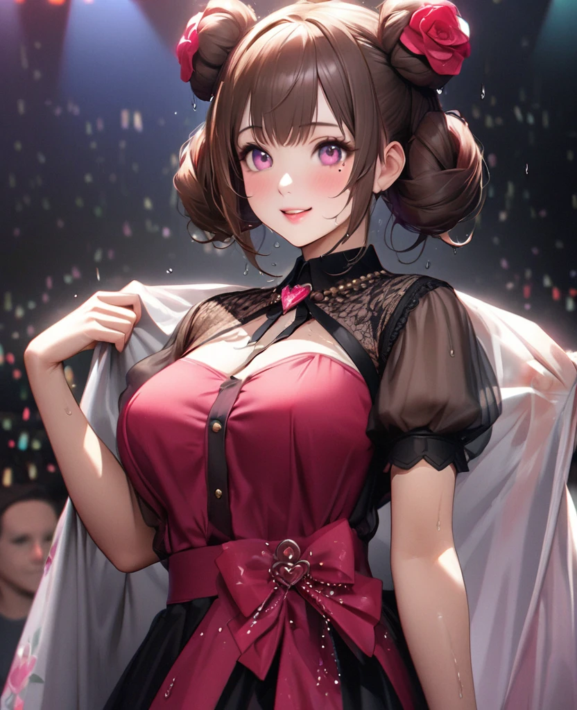 One Girl、Looking at the audience、lovely,
Beautiful pink eyes、Two brown double hair buns , Mole under the eye、Plump and glossy lips、Heart-shaped choca、Idol、Her name is May,smile、ー、。.。.。.。.。.。.。.。.。.。.。.。.。.。.。.。.。.。.3D、Realistic、
The idol's costume was soaked in the heavy rain, and her chest was wet and transparent.Heavy rain at outdoor concert, Drape clothes、gem、The decoration has been removed、Floral、Lace trim,On a glittering stage、
masterpiece、highest quality、8k、Detailed skin texture、Detailed cloth texture、Beautifully detailed face、Intricate details、Very detailed、
超A high resolution、8k Ultra HD、Film Grain、Best Shadow、delicate、Gazing at the audience、front