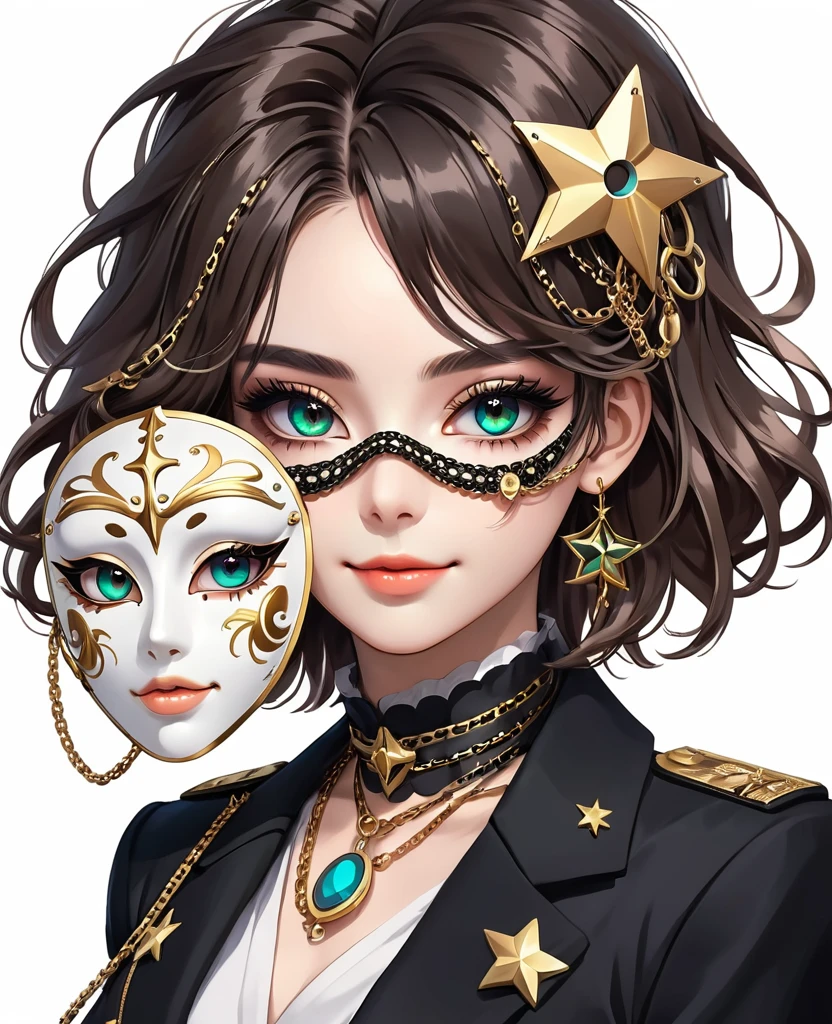 elegant girl in anime style, highly detailed portrait of a woman holding a mask, symmetrical composition, large colorful eyes, beautiful facial features, delicate makeup, sweet smile, stars on cheeks, deep gaze, poofy hairstyle with hair clips, black suit with epaulettes and chains, clean simple white background, anatomically correct human body