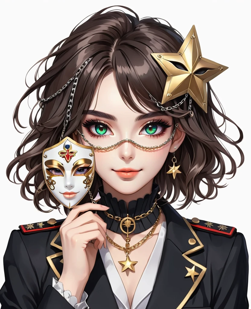 elegant girl in anime style, highly detailed portrait of a woman holding a mask, symmetrical composition, large colorful eyes, beautiful facial features, delicate makeup, sweet smile, stars on cheeks, deep gaze, poofy hairstyle with hair clips, black suit with epaulettes and chains, clean simple white background, anatomically correct human body