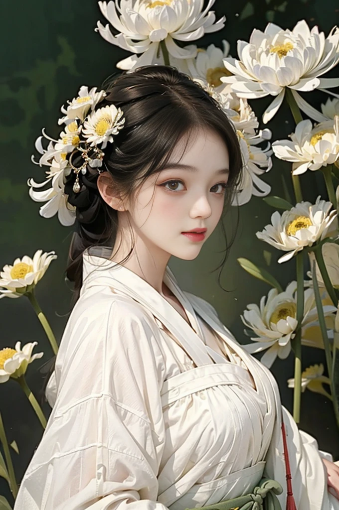 girl，Surrounded by chrysanthemums，summer，Traditional clothing，Clear face，Front view，Look at the lens，Chinese style，Traditional Culture，Chrysanthemum Personification，Anthropomorphic style，Blend in with the background