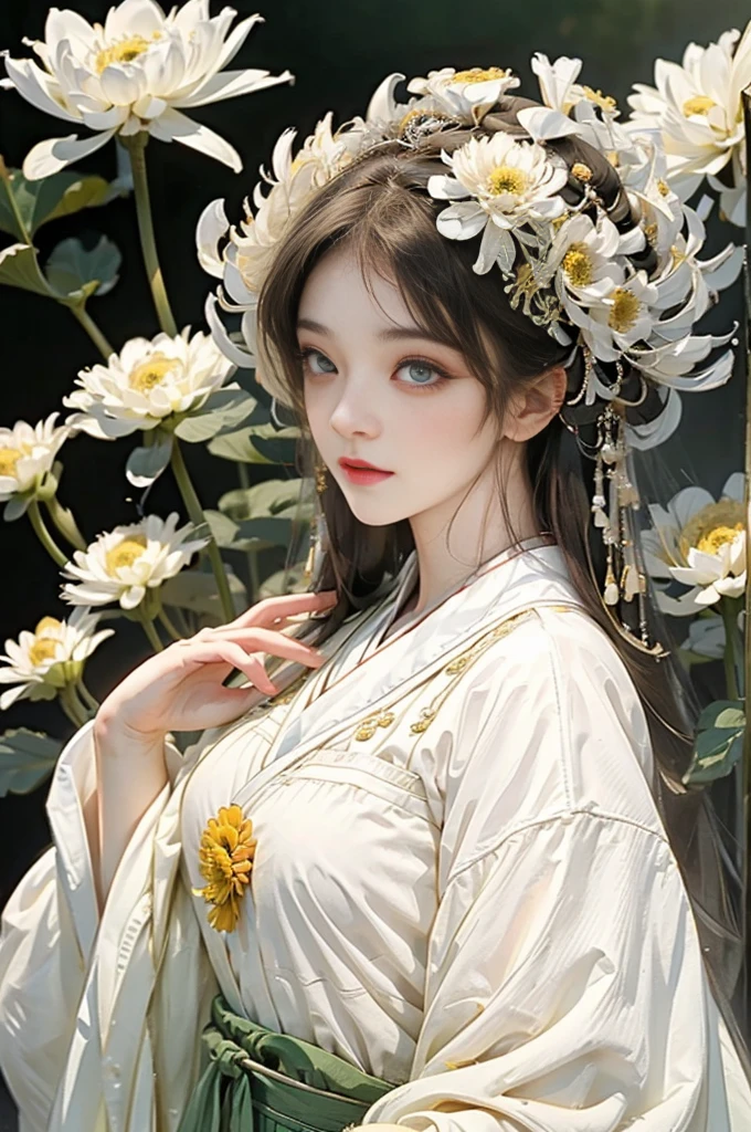 girl,Surrounded by chrysanthemums,summer,Traditional clothing,Clear face,Front view,Look at the lens,Chinese style,Traditional Culture,Chrysanthemum Personification,Anthropomorphic style,Blend in with the background