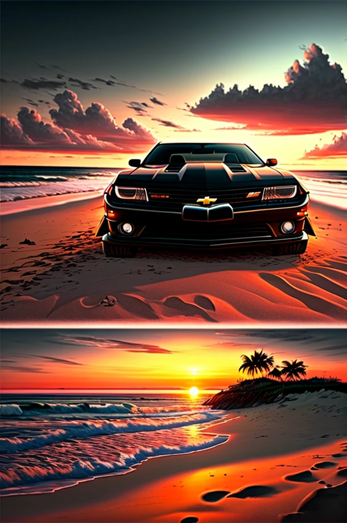 a black chevrolet camaro on the beach at sunset, desenho animado