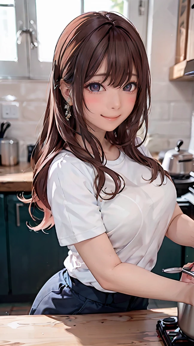 ((((highest quality)))), (((Ultra-precision CG 16K))), (((masterpiece))), (((Very detailed))), (((Extremely detailed))), (((Black outline:1.3, Written boundary depth:1.3 , Written soft outline))), Blur, Bokeh, Maximum clarity and sharpness,Multilayer Texture, Surface Shading, Cinematic lighting, Beautiful details sparkle ,Perfect Proportions, Limited to three woman, BREAK accurate, Anatomically correct, Highly detailed face and skin texture, drawn in detail, Highly detailed facial and skin texture, Detailed eyes, beautiful hair, Beautiful Japanese Idol face, Beautiful and beautiful eyes, Beautiful body, Beautiful breasts, Beautiful thighs, Beautiful legs, Beautiful fingers, (Beautiful views) , skinny body, ((Beautiful Skin)), ((Skin Texture)) BREAK breast enlarged, large Breasts, rocket breasts, slender waist, (blush, smiling:1.3,) BREAK (((knee length white T-shirt:1.3 , ))) , wearing earrings, BREAK (((cooking in the kitchen ,  pot-au-feu boiling , has a ladle in hand , stick breast out))),(serious, from front:1.3 , from above , close up face),