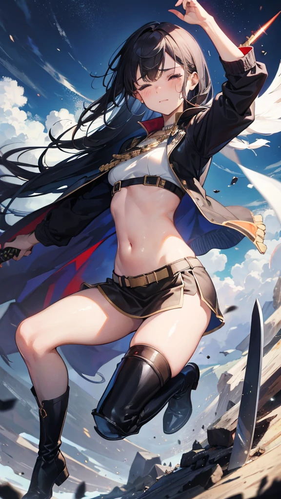 Girl, Navel exposed, Wearing calf-length socks and boots, Holding a sword, Being attacked by enemies, He closes his eyes in pain and cries