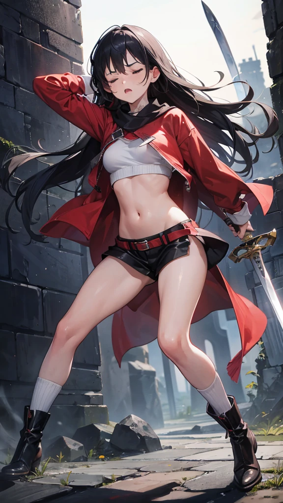 Girl, Navel exposed, Wearing calf-length socks and boots, Holding a sword, Being attacked by enemies, He closes his eyes in pain and cries
