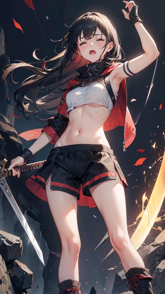 Girl, Navel exposed,  Wearing calf-length socks and boots, Holding a sword, Being attacked by enemies, He closes his eyes in pain and cries