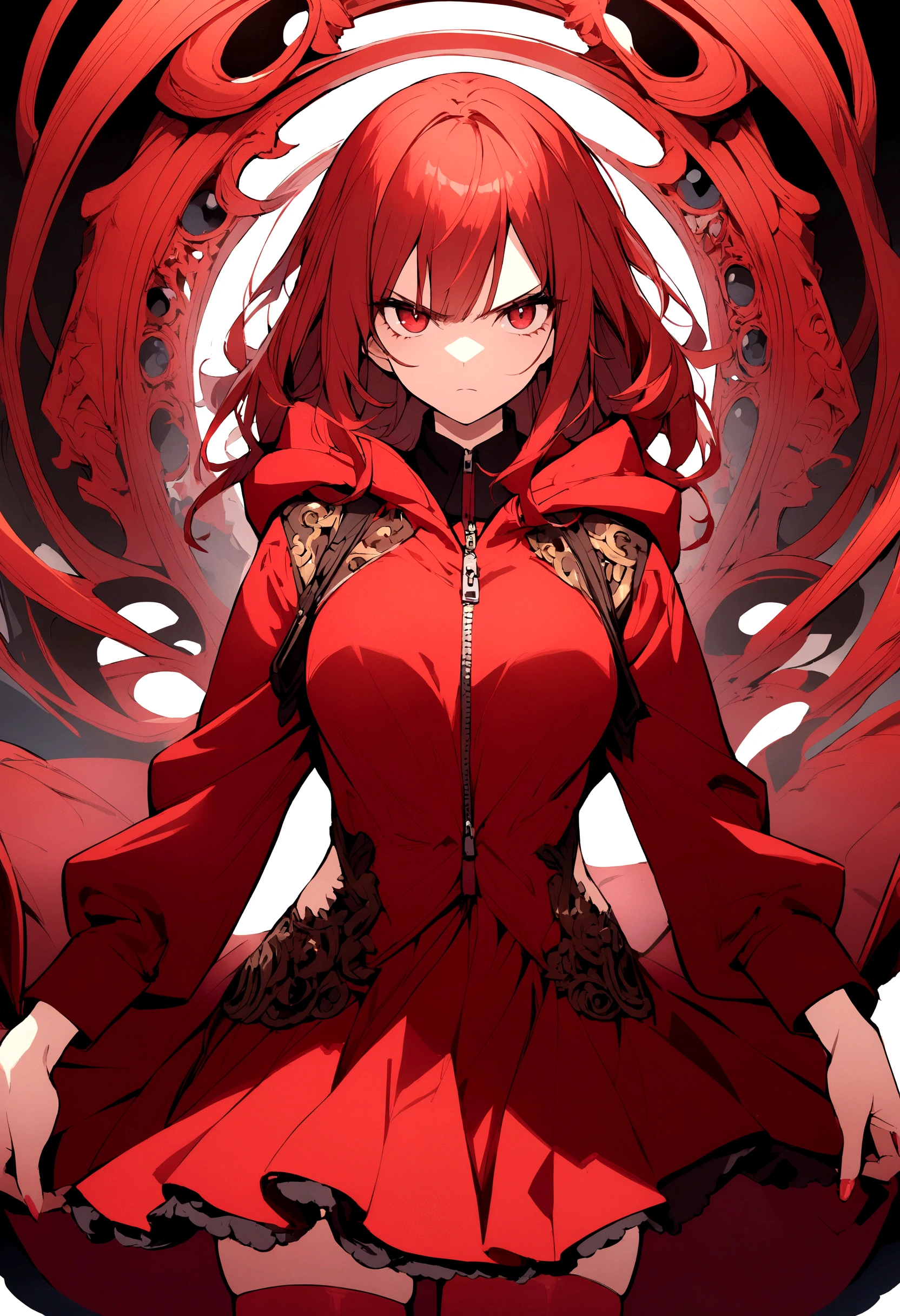 A girl with a red skirt red stockings red zip up hoody red hair and eyes