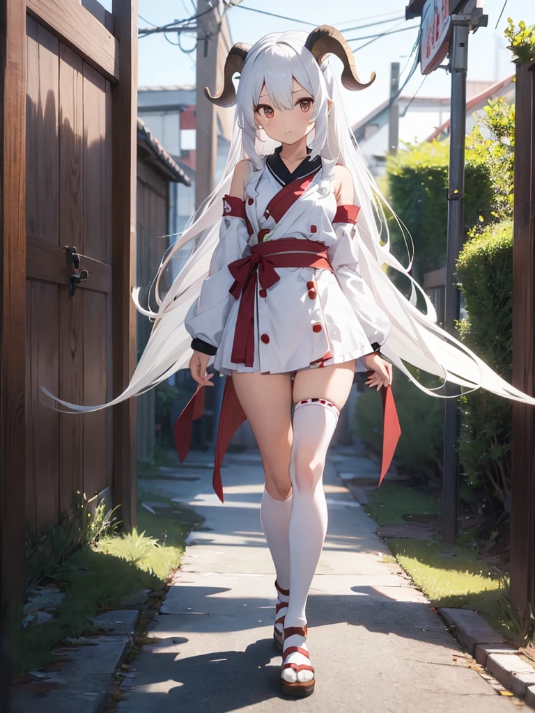 Miko dressed ,goat horn, white hair, Long hair,full body