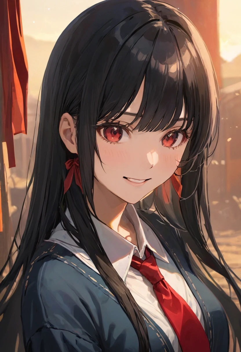 cowboy shot, (masterpiece, best quality:1.6), backlighting, highres, sharp focus, highest detailed, 
BREAK 1girl, long hair, black hair, straight hair, blunt bangs, warm smile, leaning forward, 
BREAK (sera-fuku, red ribbon tie, highsighs:1.1), 
BREAK from above, look at viewer, 
