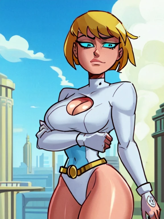 solo, 1female, powergirl, pale skin , white outfit, blonde hair, sexy body, tall and skinny, farting, massive fart, yellow smoke rising, relieved face, blush, alone in park, heart signs