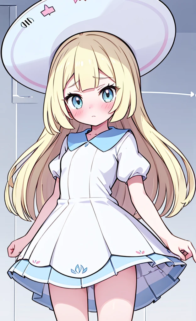 masterpiece,best quality,1 girl,solo,blush with embarrassment,Lillie,Pokémon,White Pleated Dresses,White clothes with light blue collar,Pokémon風の画風,(boldline:1.6),(deluster:1.5),(flat:1.5),White wide-brimmed hat,