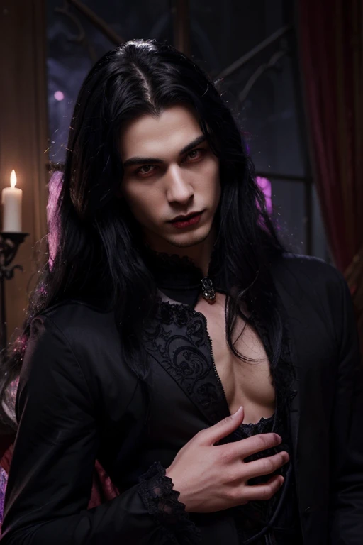 Lovely young handsome hetero Man Jinx Edward vampire with super big indigo eyes and gems and long black hair, with nice and delicate face, in a dark gothic magic castle with annie and claudia and Lestat, in Red Rose manor. Terror ambient. The more handsome man in the world. Night storm. Gothic scene. Cats eyes.Luxury. Violet.