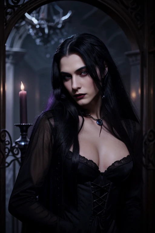 Lovely young handsome hetero Man Jinx Edward vampire with super big indigo eyes and gems and long black hair, with nice and delicate face, in a dark gothic magic castle with annie and claudia and Lestat, in Red Rose manor. Terror ambient. The more handsome man in the world. Night storm. Gothic scene. Cats eyes.Luxury. Violet.