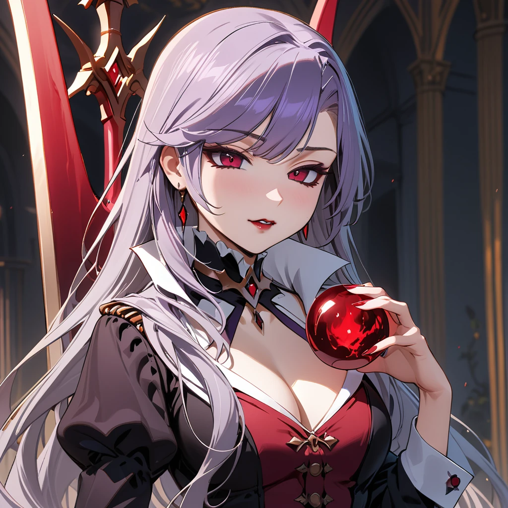 (masterpiece, best quality:1.2), 1girl, solo, Sonata, purple hair, vampire, sphere of red magic of blood and songed sword