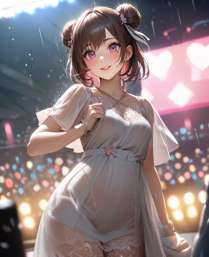 One Girl、Looking at the audience、lovely,
Beautiful pink eyes、Two brown double hair buns , Mole under the eye、Plump and glossy lips、Heart-shaped choca、Idol、Her name is May,smile、ー、。.。.。.。.。.。.。.。.。.。.。.。.。.。.。.。.。.。.3D、Realistic、
The idol's costume was soaked in the heavy rain, and her chest was wet and transparent.Heavy rain at outdoor concert, Drape clothes、gem、The decoration has been removed、Floral、Lace trim,On a glittering stage、
masterpiece、highest quality、8k、Detailed skin texture、Detailed cloth texture、Beautifully detailed face、Intricate details、Very detailed、
超A high resolution、8k Ultra HD、Film Grain、Best Shadow、delicate、Gazing at the audience、front