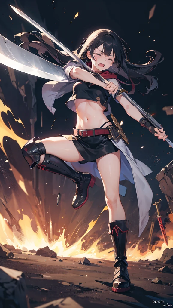 Girl, Navel exposed, Wearing calf-length socks and boots, Holding a sword, Being attacked by enemies, He closes his eyes in pain and cries