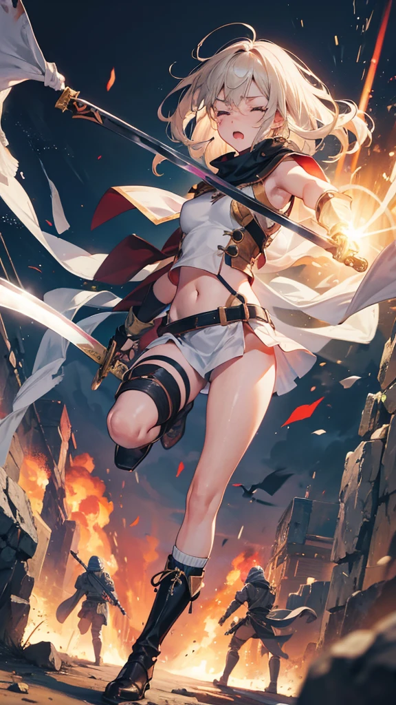 Girl, Navel exposed, Wearing calf-length socks and boots, Holding a sword, Being attacked by enemies, He closes his eyes in pain and cries