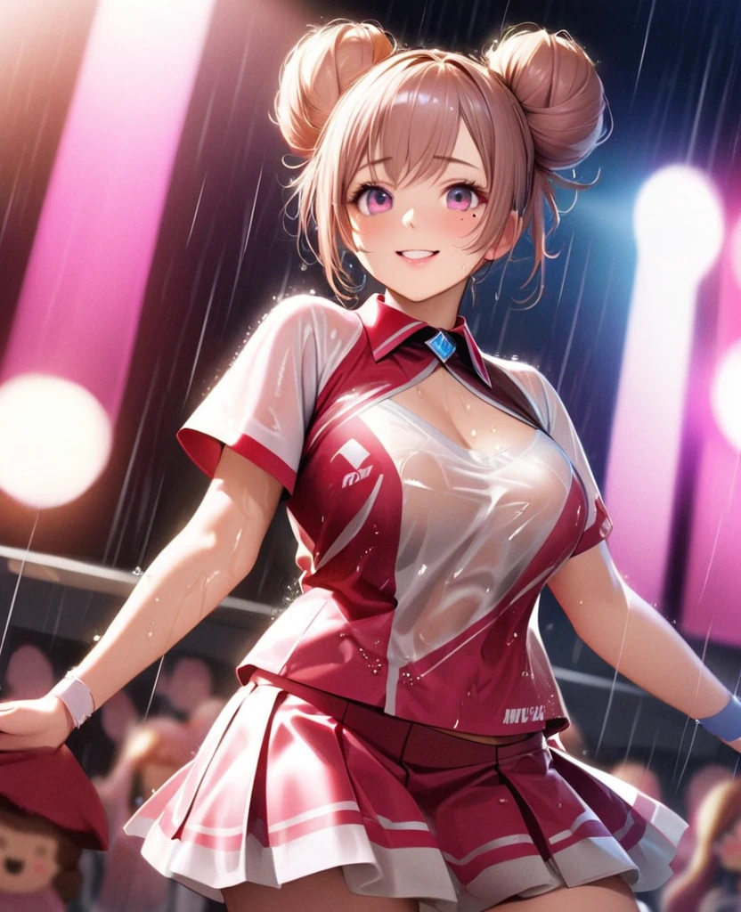 One Girl、Looking at the audience、lovely,
Beautiful pink eyes、Two brown double hair buns , Mole under the eye、Plump and glossy lips、Heart-shaped choca、Dance team uniformini skirt, Her name is May,smile、ー、。.。.。.。.。.。.。.。.。.。.。.。.。.。.。.。.。.。.3D、Realistic、
Dance team uniforms was soaked in the heavy rain, and her chest was wet and transparent.Heavy rain at outdoor concert, Drape clothes、gem、The decoration has been removed、Floral、Lace trim,On a glittering stage、
masterpiece、highest quality、8k、Detailed skin texture、Detailed cloth texture、Beautifully detailed face、Intricate details、Very detailed、
超A high resolution、8k Ultra HD、Film Grain、Best Shadow、delicate、Gazing at the audience、front