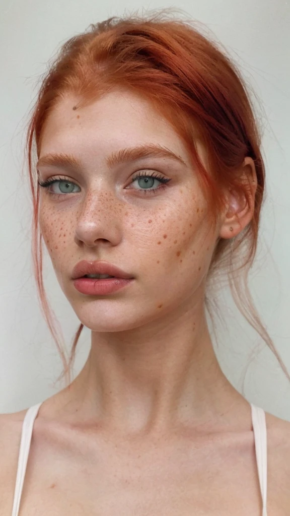 raw photo, (18yo redhead girl:1.2), graphic eyeliner, rouge, realistic skin texture, Freckles, green eyes, Pele branca clara, instagram style, Pale white skin, redhead pattern, Makeup
