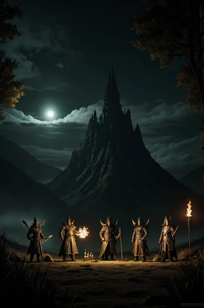 Satanic ritual in forest, hooded people in circle, macabre monster, hazy background, realistic epic, rutkowski, hdr, intricate details, hyperdetailed, cinematic, rim light, muted colors: 1.2, dark fantasy, dark sky, with dark mountains in the background, dark atmosphere, fear, horror, torches of fire, red, dark forest, night