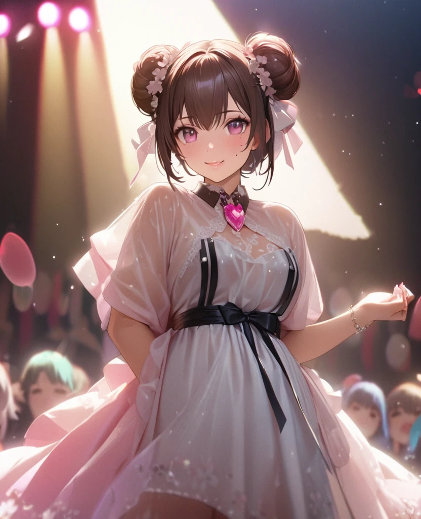 One Girl、Looking at the audience、lovely,
Beautiful pink eyes、Two brown double hair buns , Mole under the eye、Plump and glossy lips、Heart-shaped choca、Idol、Her name is May,smile、ー、。.。.。.。.。.。.。.。.。.。.。.。.。.。.。.。.。.。.3D、Realistic、
The idol's costume was soaked in the heavy rain, and her chest was wet and transparent.Heavy rain at outdoor concert, Drape clothes、gem、The decoration has been removed、Floral、Lace trim,On a glittering stage、
masterpiece、highest quality、8k、Detailed skin texture、Detailed cloth texture、Beautifully detailed face、Intricate details、Very detailed、
超A high resolution、8k Ultra HD、Film Grain、Best Shadow、delicate、Gazing at the audience、front