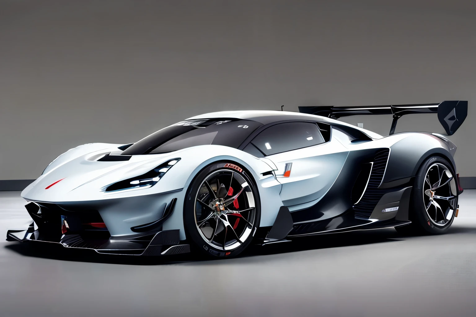 one car, concept car, concept design, super race car, in satin grey and copper colors, thin black wheels, a three-quarter rear view, best quality, realistic, modern city of background, parked on metal floor