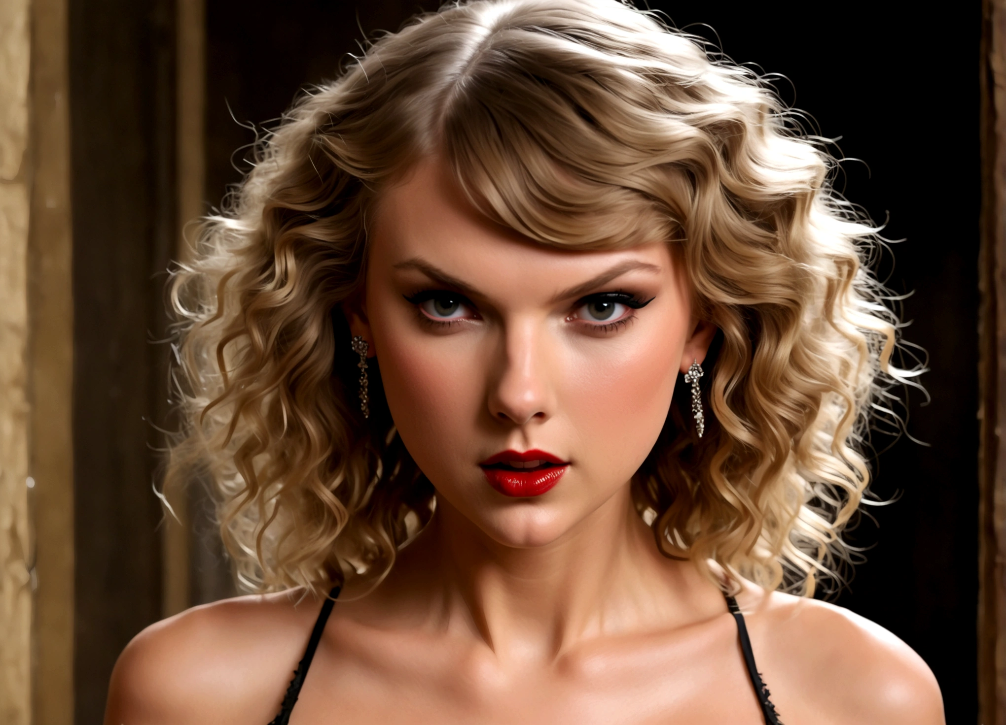 Taylor Swift (age 25) is playing a psycho mistress (crazy makeup, crazy hair, sheer tattered lingerie, jagged tools), somewhere between seduction and crying, blood spattered bedroom