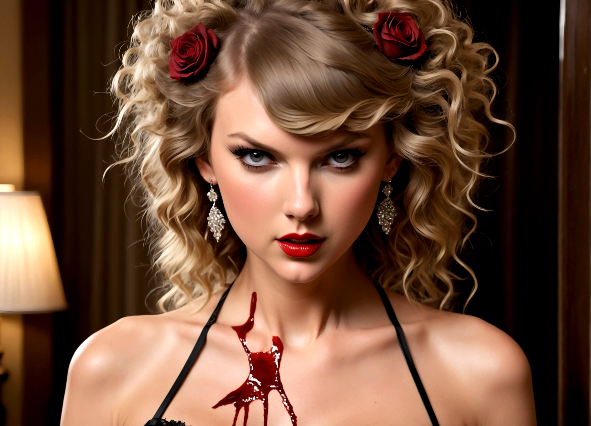 Taylor Swift (age 25) is playing a psycho mistress (crazy makeup, crazy hair, sheer tattered lingerie, jagged tools), somewhere between seduction and crying, blood spattered bedroom