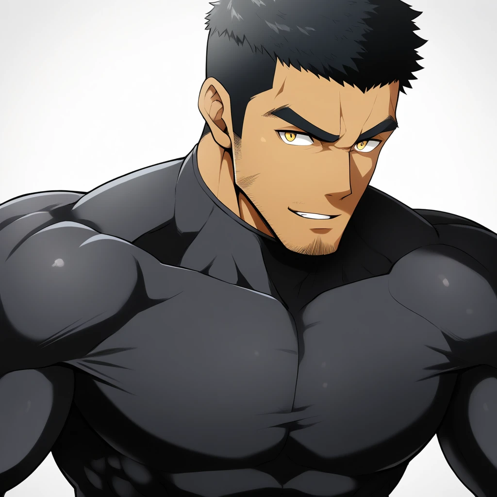 one negro, anime characters:Gyee, Hibino Kafka, Muscle Sports Student, negro black skin, Very Black, 1 muscular tough guy, Manliness, male focus, Dark grey turtleneck tight T-shirt, Regular symmetrical pattern, Very tight, The pectoral muscles are oversized, muscular male, muscular, only, Upper body, alone, Black short hair, Thick eyebrows, stubble, Yellow eyes, White background, simple background, amazing quality, best aesthetics, Ridiculous, bright pupils, crew cut, parted lips, seductive smile, torogao, naughty face, best quality