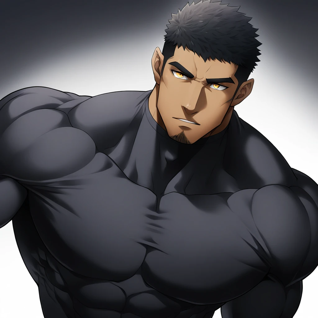 one negro, anime characters：Gyee, Hibino Kafka, Muscle Sports Student, negro black skin, Very Black, 1 muscular tough guy, Manliness, male focus, Dark grey turtleneck tight T-shirt,  Regular symmetrical pattern, Very tight, The pectoral muscles are oversized, muscular male, muscular, only, Upper body, alone, Black short hair, Thick eyebrows, stubble, Yellow eyes, White background, simple background, amazing quality, best aesthetics, Ridiculous, bright pupils, crew cut, parted lips, seductive smile, torogao, naughty face, best quality