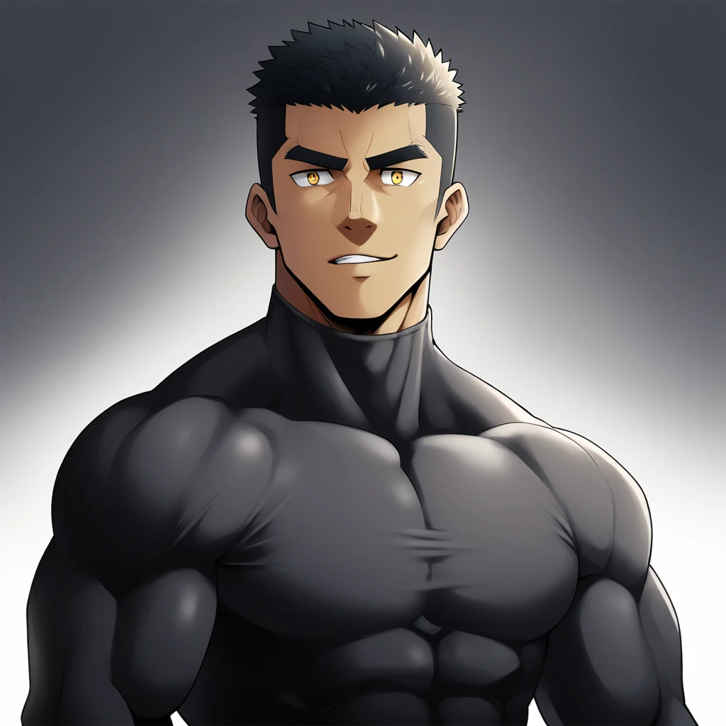 one negro, anime characters:Gyee, Hibino Kafka, Muscle Sports Student, ????? black skin, Very Black, 1 muscular tough guy, Manliness, male focus, Dark grey turtleneck tight T-shirt, Regular symmetrical pattern, Very tight, The pectoral muscles are oversized, muscular male, muscular, only, Upper body, alone, Black short hair, Thick eyebrows, stubble, Yellow eyes, White background, simple background, amazing quality, best aesthetics, Ridiculous, bright pupils, crew cut, parted lips, seductive smile, torogao, naughty face, best quality