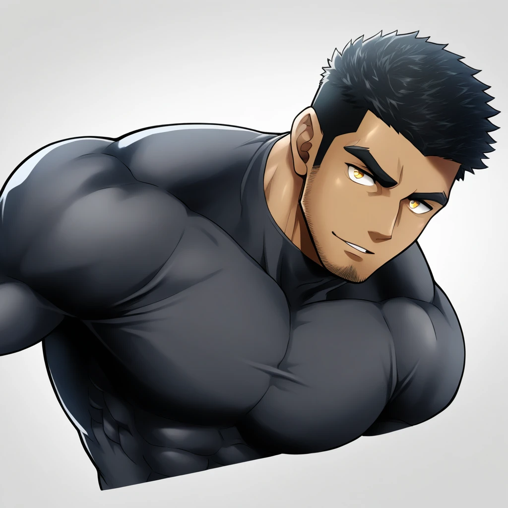 one negro, anime characters:Gyee, Hibino Kafka, Muscle Sports Student, negro black skin, Very Black, 1 muscular tough guy, Manliness, male focus, Dark grey turtleneck tight T-shirt, Regular symmetrical pattern, Very tight, The pectoral muscles are oversized, muscular male, muscular, only, Upper body, alone, Black short hair, Thick eyebrows, stubble, Yellow eyes, White background, simple background, amazing quality, best aesthetics, Ridiculous, bright pupils, crew cut, parted lips, seductive smile, torogao, naughty face, best quality