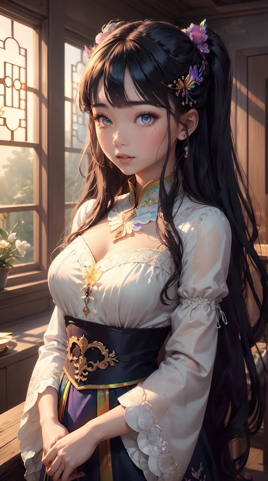 (((masterpiece))), (((best quality))), ((Extremely detailed)),(Highly detailed CG illustrations), ((Extremely delicate and beautiful)),light, Create a stunning work of fantasy art，模仿当前流行的该type大师的风格. 艺术作品应Include神话幻想和童话幻想的元素，With colorful rainbow accents and dark jewel tones. ((Use the rainbow as the main color scheme.)) The characters in the work are delicate and strong，Full of mystery and magic. Pay close attention to complex facial features, Such as bright colors、Boldly shaded eyes. The character&#39;s clothing should be designed with light feathers, silk, Stunning embroidery, and subtle iridescent details. Include (((Translucent rainbow))), Dreamy colors, Dynamic Lighting, And detailed background elements，Create a sense of awe and immersion. ((Includes colorful flowers，A magical jewel-colored rainbow butterfly.)) Learn about the latest trends in fantasy art, 例如加入独特的light效果, Explore dynamic and eye-catching composition techniques, and try out unique color schemes. Get inspired by top artists on ArtStation and Midjourney. camera: Choose an angle that highlights the beauty of the figure and enhances the magical majesty of the artwork. light: Create depth and atmosphere with atmospheric lighting techniques. solve: Designed to produce high-resolution artwork，to showcase intricate detail and clarity. Artistic Inspiration: Find inspiration from popular artists on ArtStation, Explore different styles, type, and Theme.