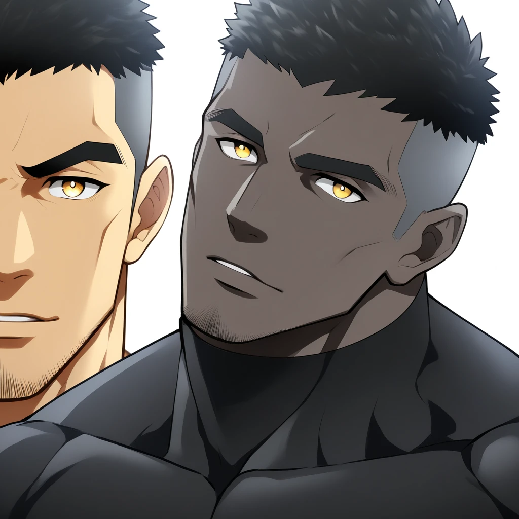 one negro, anime characters:Gyee, Hibino Kafka, Muscle Sports Student, negro black skin, Very Black, 1 muscular tough guy, Manliness, male focus, Dark grey turtleneck tight T-shirt, Regular symmetrical pattern, Very tight, The pectoral muscles are oversized, muscular male, muscular, only, Upper body, alone, Black short hair, Thick eyebrows, stubble, Yellow eyes, White background, simple background, amazing quality, best aesthetics, Ridiculous, bright pupils, crew cut, parted lips, seductive smile, torogao, naughty face, best quality