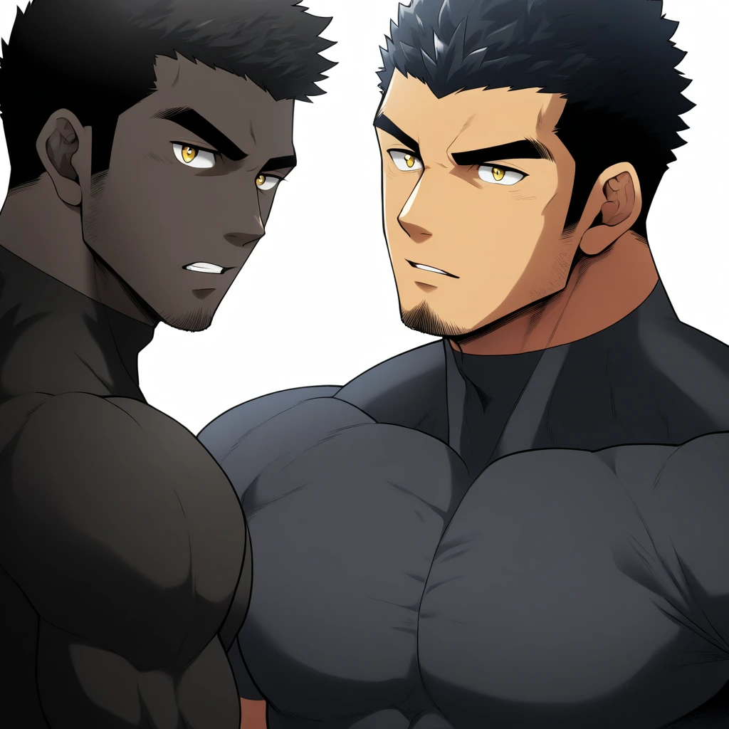 one negro, anime characters:Gyee, Hibino Kafka, Muscle Sports Student, ????? black skin, Very Black, 1 muscular tough guy, Manliness, male focus, Dark grey turtleneck tight T-shirt, Regular symmetrical pattern, Very tight, The pectoral muscles are oversized, muscular male, muscular, only, Upper body, alone, Black short hair, Thick eyebrows, stubble, Yellow eyes, White background, simple background, amazing quality, best aesthetics, Ridiculous, bright pupils, crew cut, parted lips, seductive smile, torogao, naughty face, best quality